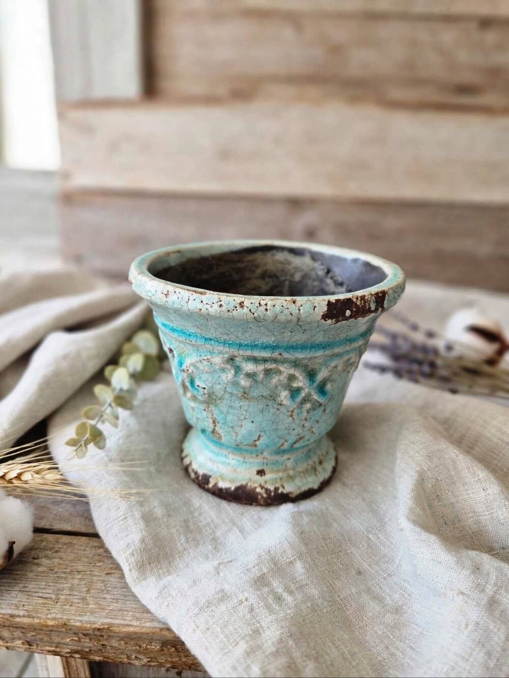 Vintage Aqua Crackle Glaze Ceramic Planter Pot